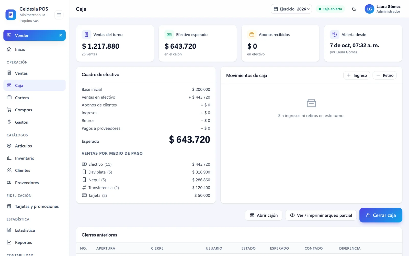 Cuadre de caja con base, ventas en efectivo, retiros y efectivo esperado