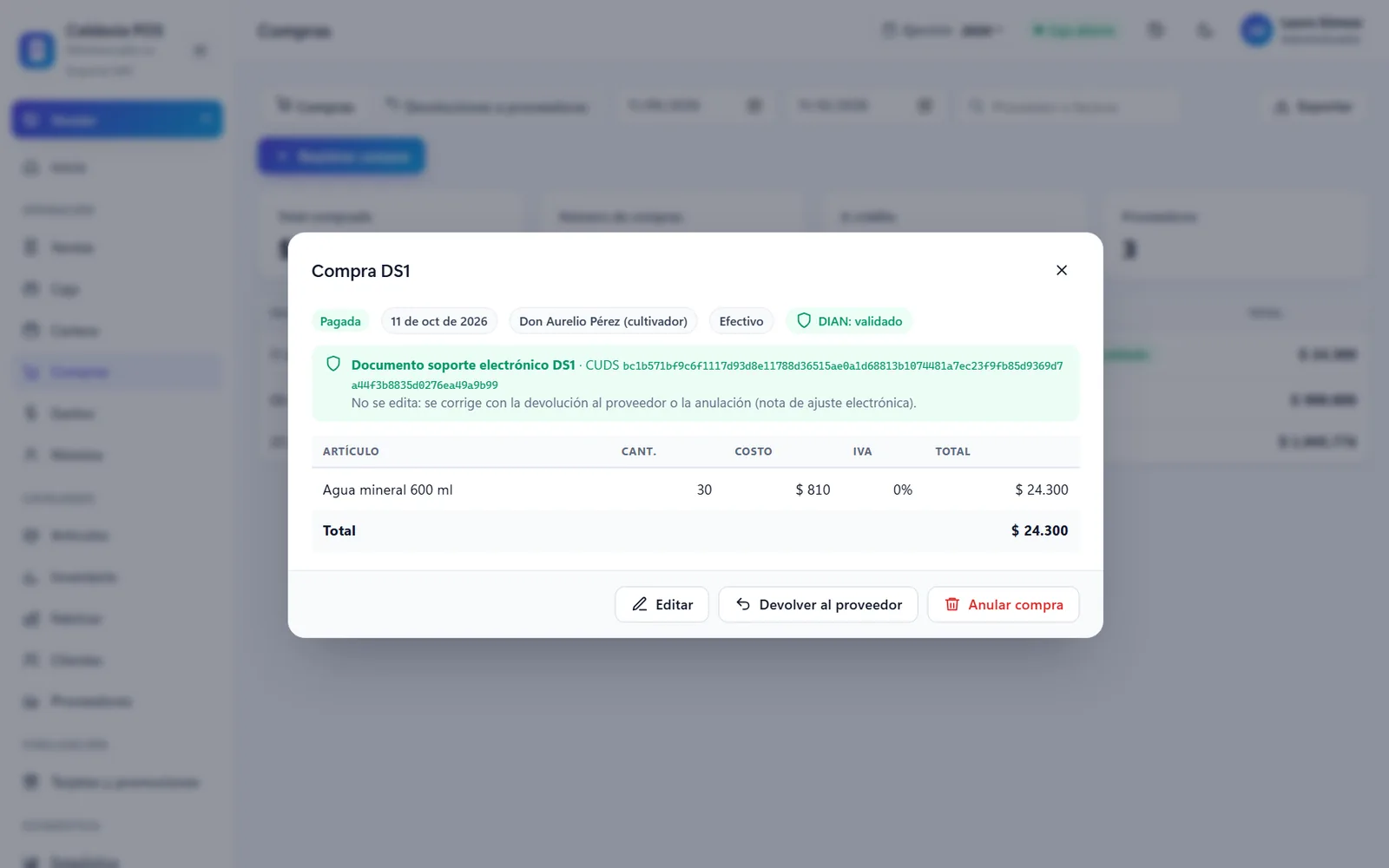 Compra registrada como documento soporte electrónico DS1 validado por la DIAN con su CUDS